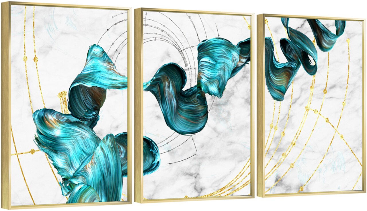 3 Set Framed Canvas Wall Art Oil Paintings - Abstract Blue Ribbon Poster